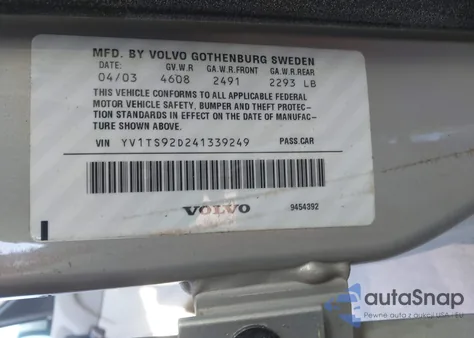 2004 Volvo S80 2.9 из США, поврежденный, VIN YV1TS92D241339249